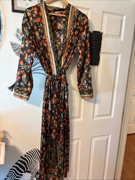 Intimately By Free People Other - Floral Black & Red Long Robe with Trimmed Border